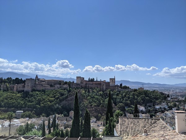 The view from the viewpoint Mirador de San Nicolas over the city, Alhambra and surrounding mountains.