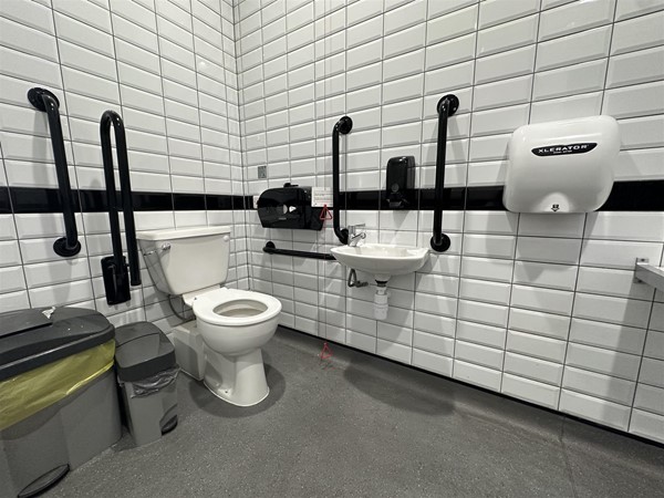 Image of large accessible toilet with emergency red cord hanging to the floor