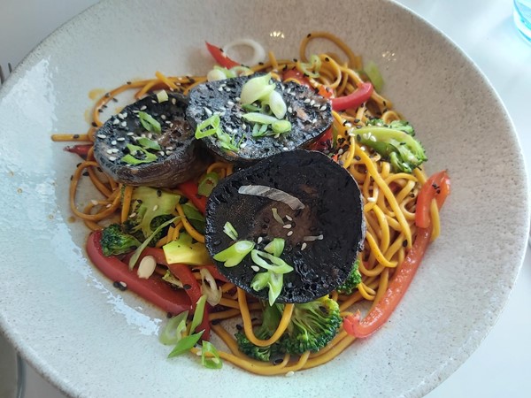 Miso-marinated portobello mushrooms, teriyaki and sesame noodles