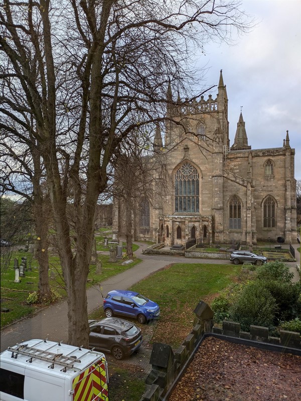 Image of church from the window of Dunfermline Carnegie Library & Galleries