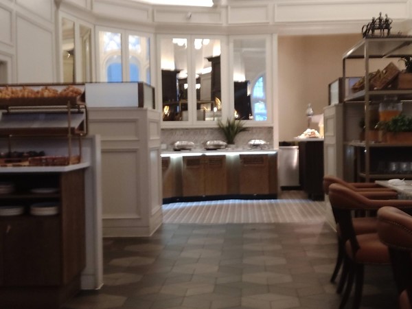 The dining room with plenty of space and the self-serve area at the end.