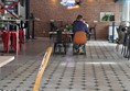 View of inside floor, easy access for wheelchairs, ramp to accessible toilet on left.