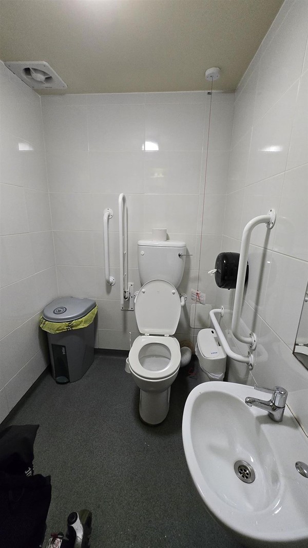 Accessible bathroom with grab rails on either side of the toilet and a sink positioned at a wheelchair-friendly height. A bin is placed close to the toilet, which may make transfers difficult for some users.