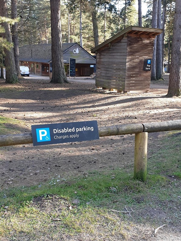 Image of an accessible parking sign and some wooden buildings.
