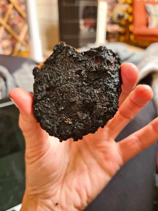 Image of someone holding a burnt burger