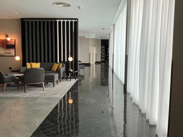 Hotel entrance with seating area
