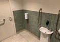 Image of the inside of the bathroom with the door on the left wall and the sink and hand dryer on the right wall. There is a handrail on the back of the door and it locks by lifting up the handle. There are vertical handrails on either side of the sink. The sink is a small pedestal sink and the tap has a short lever and there is liquid soap in a dispenser above the sink. There is a small hand dryer on the right wall towards the door.