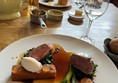 My main - Swannington Lamb Rump, Crispy Potato Pavé, Wild Garlic Emulsion, Squash Fondant, Charred Spring Onion, Mint Vinegar, Goats Cheese Mousse, Lamb Jus