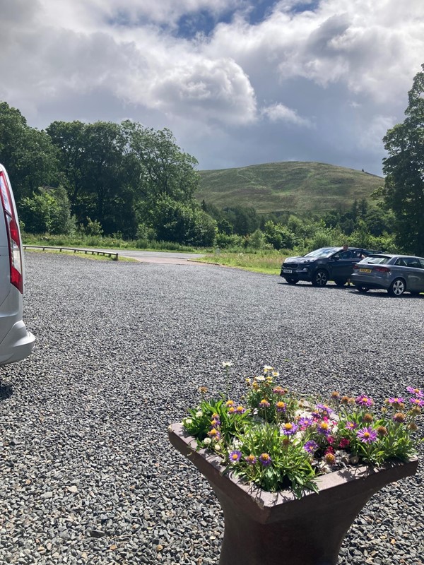 Imag of a planter in a car park with a hill in the background