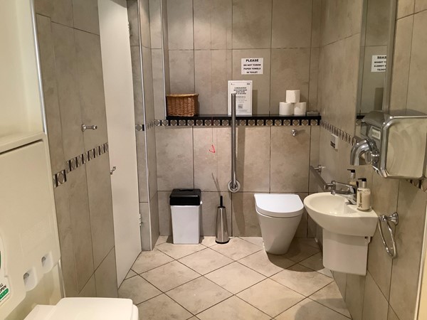 (9) reasonably roomy and very clean disabled toilet.