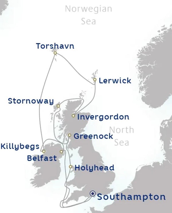 Our Itinary. Torshavn was changed to Kirkwall due to weather conditions.