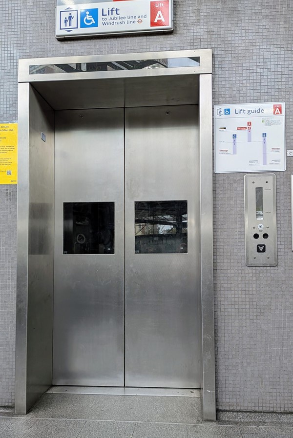 Image of Lift A from street level that takes you to ticket hall level