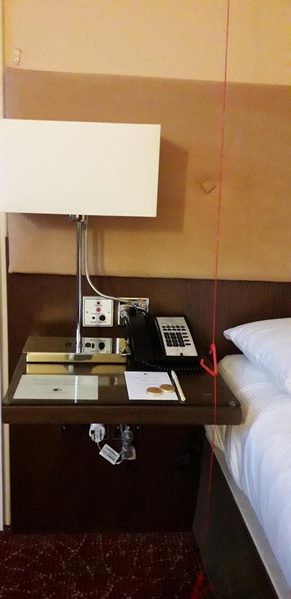 Pull cord and panic button beside the bed