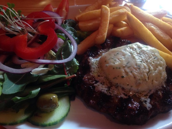 Picture of a burger and chips at Bells Diner, Edinburgh