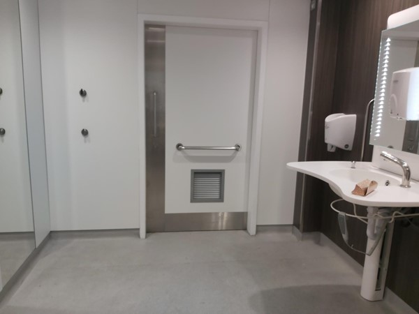 Image of door and sink in accessible toilet.