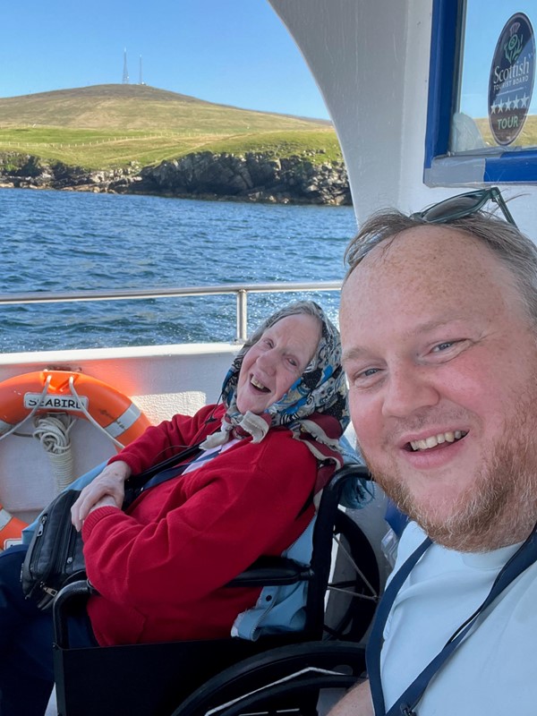 My son and I off the east coast of Bressay.